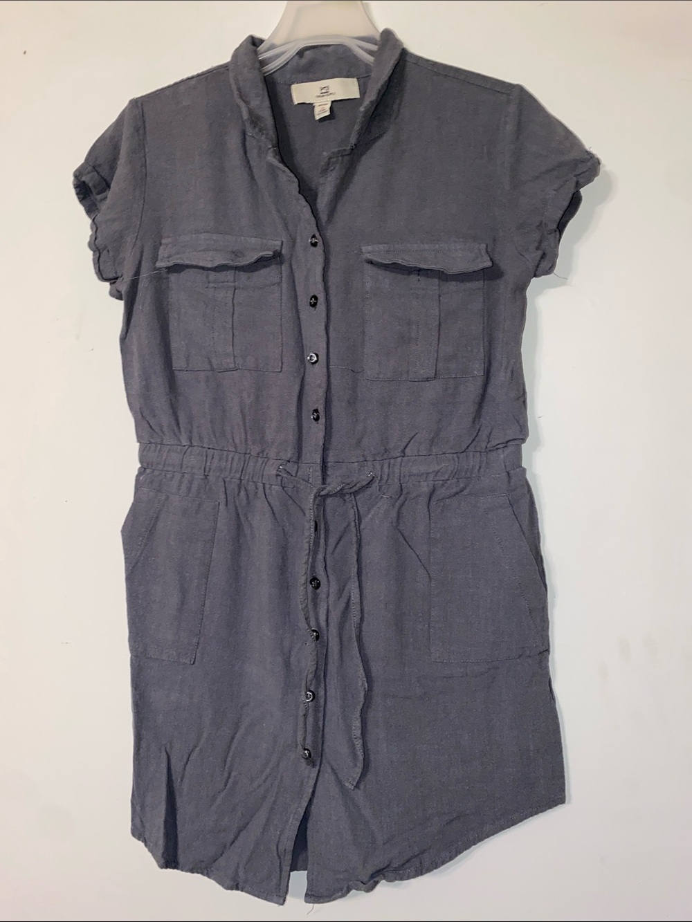 Washed Slate Button-Front Mini Dress with Drawstring Waist